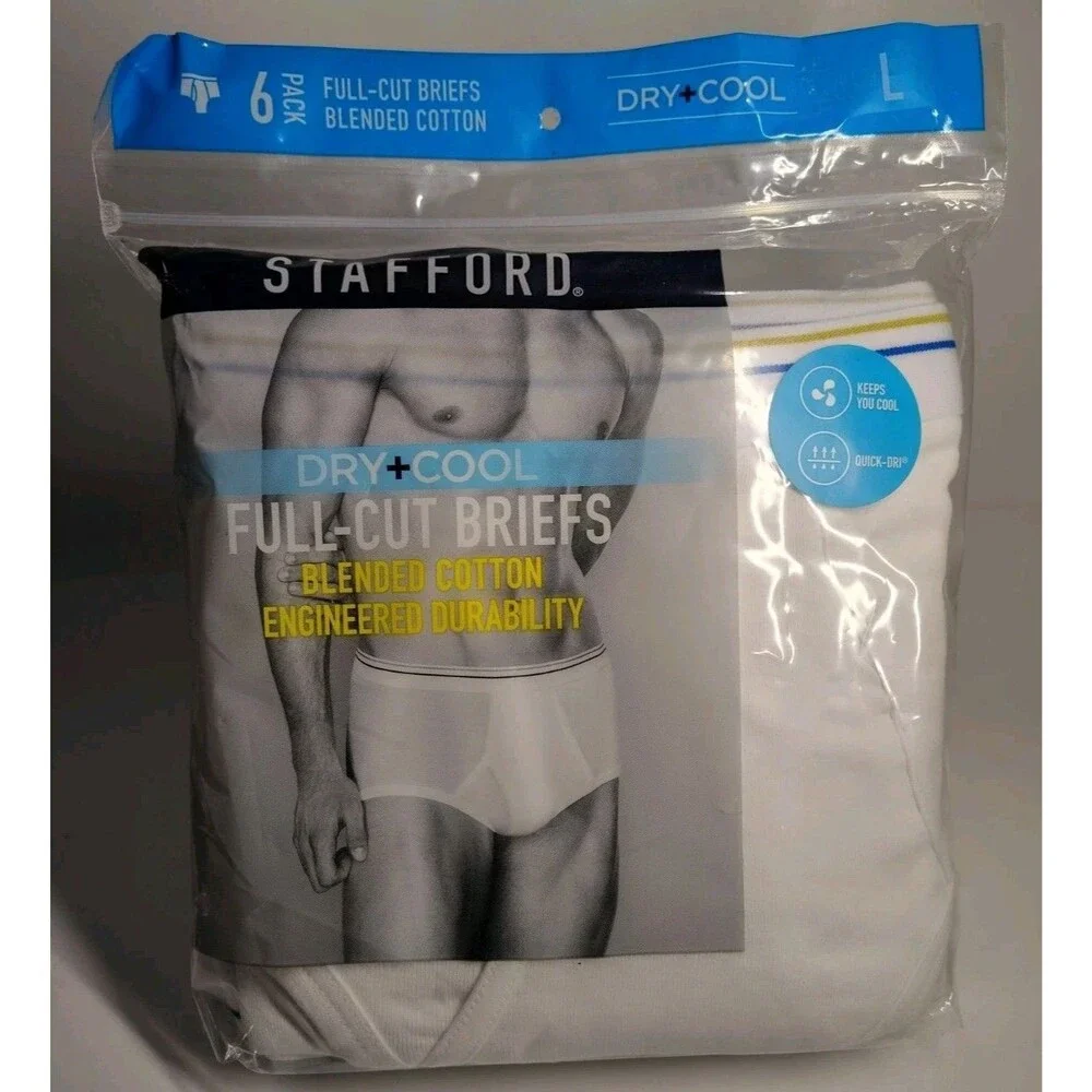 Stafford Men’s Full Cut Briefs Dry + Cool Blended Cotton Size L Pack Of 6 NWT